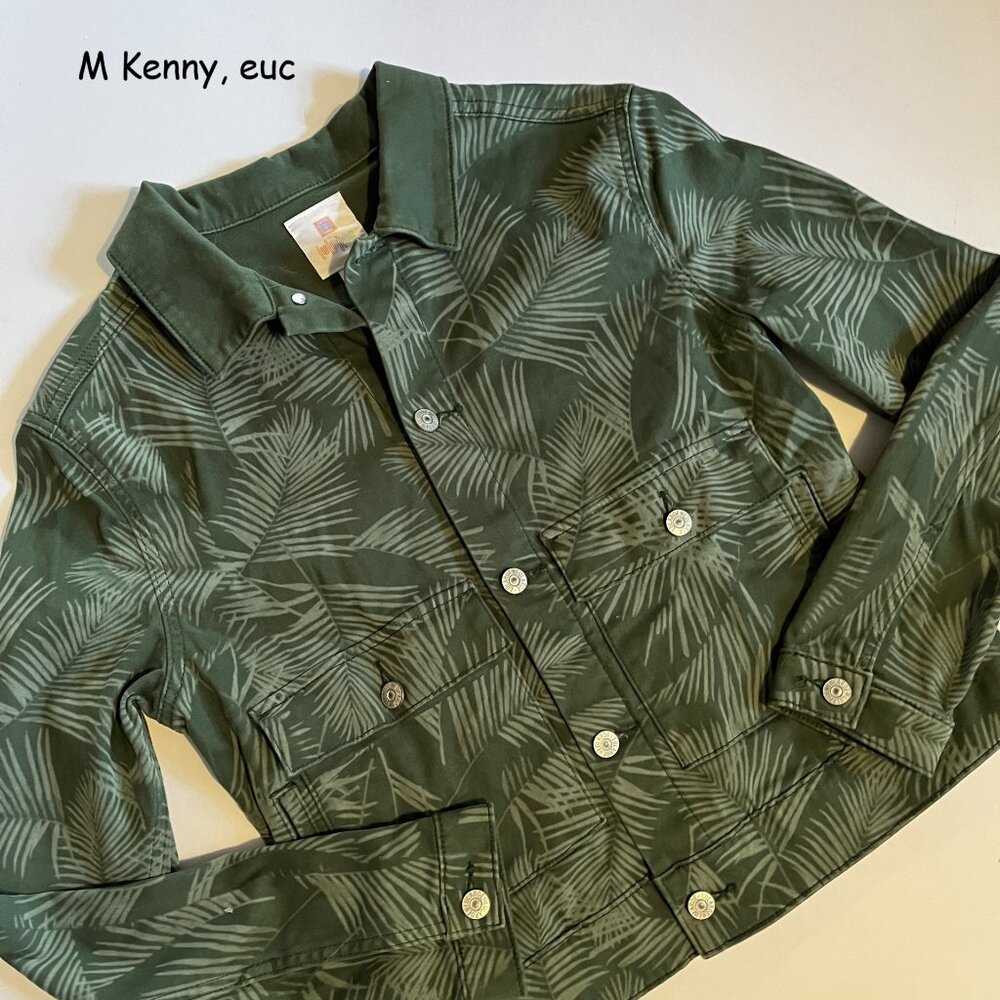 Medium Lularoe Kenny unisex jean jacket, green with tropical ferns